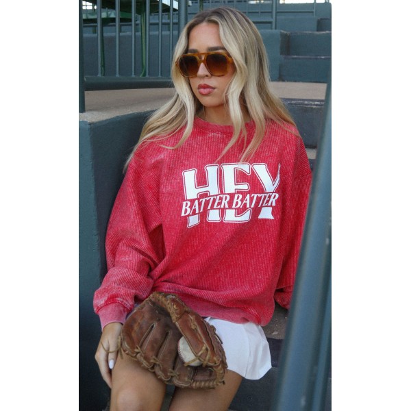 charlie southern: hey batter batter corded sweatshirt - red